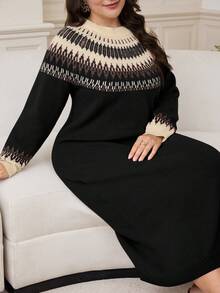 Modelyn Plus Size Casual Geometric Pattern Knit Dress, Autumn/Winter - Black - View 7