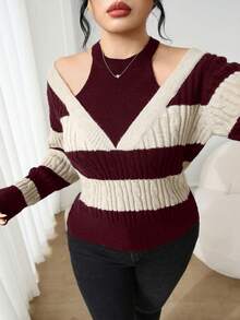 Modelyn Plus Size Elegant Colorblock Cable Knit Sweater, Autumn Fall - Burgundy - View 1