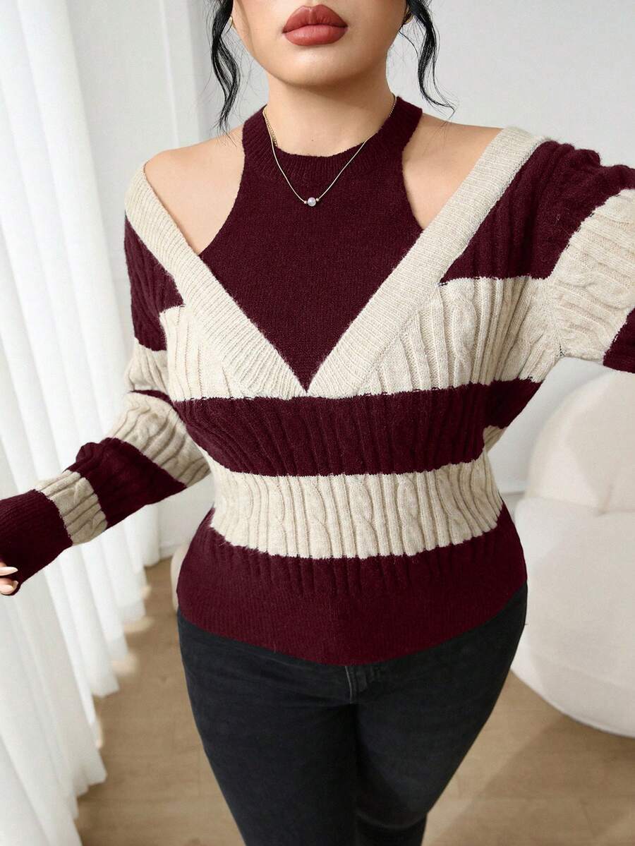 Modelyn Plus Size Elegant Colorblock Cable Knit Sweater, Autumn Fall - Burgundy - View 1