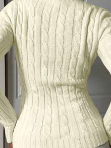 SHEIN EZwear 女士奶油黄色 V 领长袖休闲毛衣，日常穿着，秋冬校园上衣 - 杏色 - 查看 7