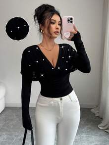 Elenzga Women's V-Neck Raglan Long Sleeve Mesh Patchwork Fitted Waist Beaded Decor Elegant Refined T-Shirt - Black - View 6