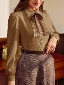 Vintamour 复古优雅女士衬衫，撞色滚边，蝴蝶结荷叶边下摆，纽扣设计，休闲百搭，适合工作、度假、秋季、冬季、圣诞节等各种场合。优雅女士衬衫 - 棕色 - 查看 6