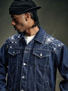 AXEPEAK Men's Washed Rhinestone Embellished Outfit, Brand High-End Collared Top And Pants Set