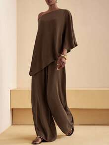 Zivah 2025 New Fall And Winter Women Clothes Casual Commuting Brown Loose One-Shoulder Irregular Top + High Waist Wide-Leg Trousers Women Two Pieces Set, ,Back To School,Country Concert Outfit,Homecoming,Halloween,Christmas,Brunch Outfits For Women,Going Out Outfits , Church Outfits Women,Travel, Shopping-A,Fall,Fall Clothes For Women,Women's Winter Clothes - Coffee Brown - View 1