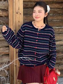 Dazy Plus Áo len cardigan cổ tròn họa tiết hoa Jacquard cỡ lớn dành cho nữ, Thu/Đông - Màu xanh hải quân - Xem 7