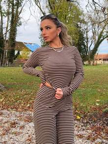 Jeta Ari Women's Casual Homewear Pajama Set, Includes Striped Crew Neck Long Sleeve Tee And Loose Striped Straight Leg Pants, Suitable For Daily Wear, Sports, Autumn/Winter, Back To School Clothes Brown Striped Two Piece Set - Brown - View 6