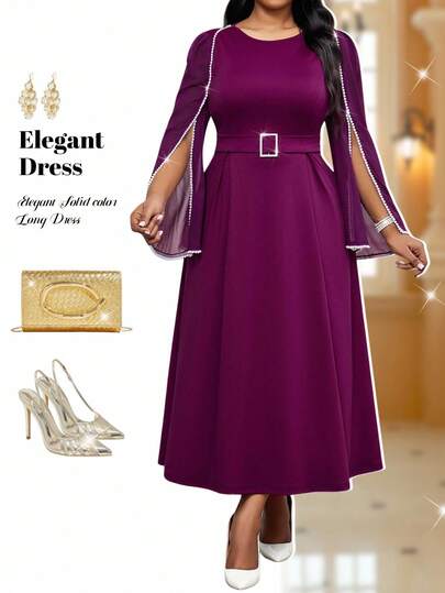 Fleurora 秋冬优雅端庄派对婚礼情人节酒会演唱会/音乐节紫色针织雪纺圆领喇叭袖斗篷撞色网眼吊带长袖加大码连衣裙