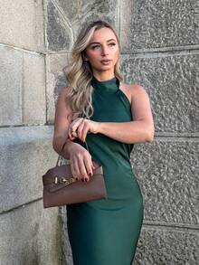 Jeta Ari Women's Elegant Backless Dress With Tie Neck, Modern Urban Design, Olive Green,Autumn Outfits For Women, Christmas Women's Clothing Party Dress - Dark Green - View 4