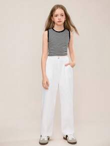 Tween Girl Casual Everyday Versatile Comfortable Solid Loose Straight Woven Pants - White - View 5