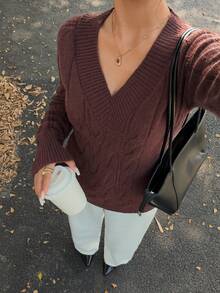 Lunelith SHEIN Lunessa تصميم جديد كنزة صوفية قصيرة بياقة على شكل حرف V مثيرة، باللون الرمادي، بأكمام طويلة مصنوعة من الأقمشة المحبوكة للنساء، للخريف