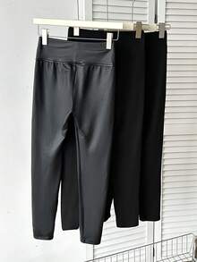 SHEIN Tween Girls Casual Versatile Simple Elegant High Waist Slim Fit PU Plus Stretch Knit Solid Black Leggings Three-Pack, Buy 1 Get 2 Free, Suitable For Autumn Winter Casual Daily Wear - Black - View 8