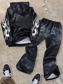 Bolty 2pcs Kids/Tween Boys Casual Comfortable Hoodie Sweatshirt & Straight Loose Sweatpants Set, Printed Pattern Boys Sweatsuits Set Boys Sweatpants Graphic And Shirt Drip For Boys Gamer Boys Jogger Sets Suitable For Autumn And Winter Outfits Daily Wear, Sports, Outings, School, Parties, Festivals, Photoshoots - Black - View 2