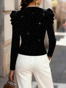 Balvessa 水钻天鹅绒交叉领优雅派对长袖女式T恤 - 黑色 - 查看 2