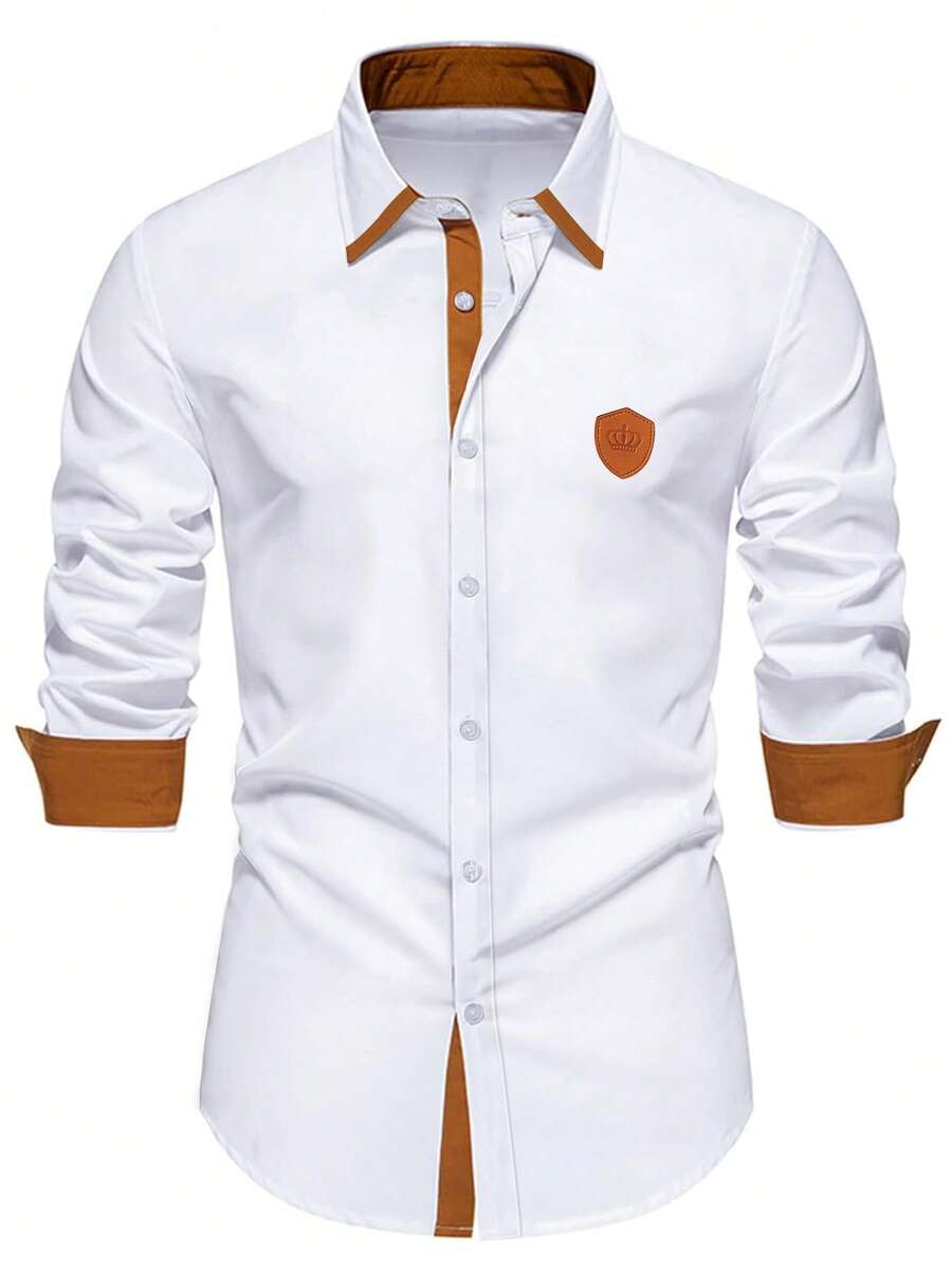 Manfinity Mode Men's Business Casual Contrast Color Button Long Sleeve Shirt, Formal - White - View 1