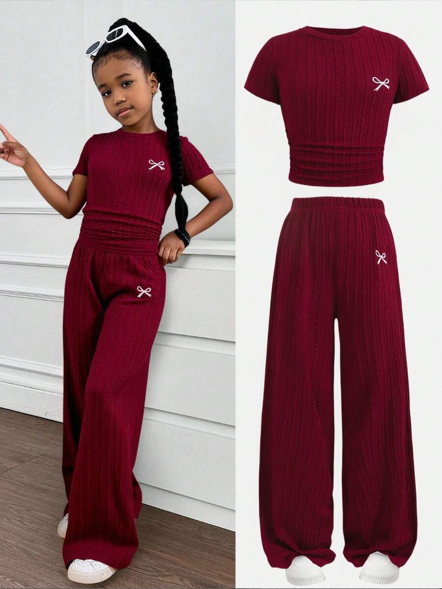 SHEIN Tween Girls' Casual Minimalist Comfortable Round Neck Short Sleeve Ruched Side Crop Top And Pants Set - Red - View 1