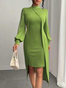 SHEIN Clasi 女士优雅圆领网纱拼接泡泡装饰长袖连衣裙长裙套装 - 橄欖綠 - 查看 4