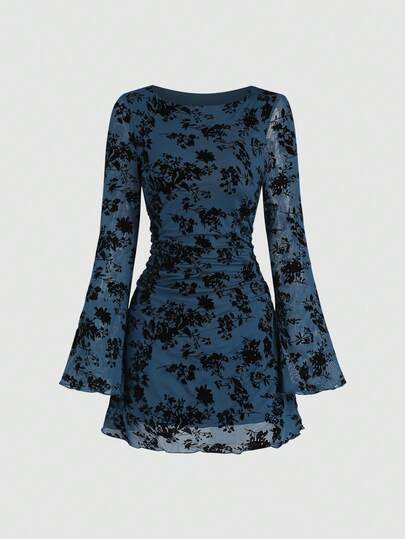 Sweetra Women's Elegant Vintage Mesh Flocked Long Sleeve Fitted Mini Dress