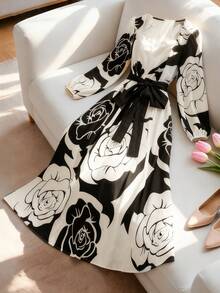 Franclia 大码女士优雅泡泡袖收腰A字连衣裙，春秋季印花连衣裙，优雅碎花连衣裙，女士真丝连衣裙，女士黑白连衣裙，女士中长连衣裙，优雅连衣裙，女士黑白碎花连衣裙，长袖连衣裙，印花连衣裙，围巾连衣裙 - 彩色 - 查看 1