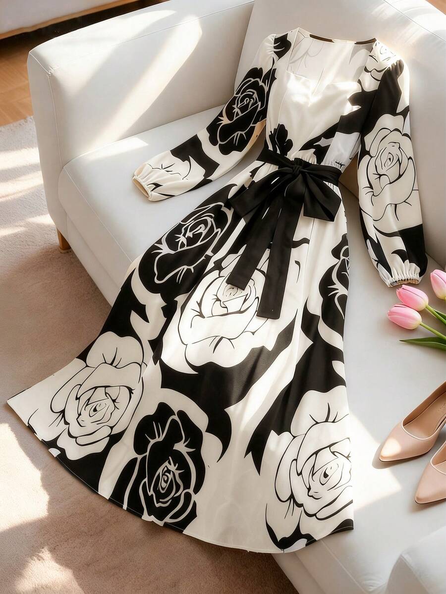 Franclia 大码女士优雅泡泡袖收腰A字连衣裙，春秋季印花连衣裙，优雅碎花连衣裙，女士真丝连衣裙，女士黑白连衣裙，女士中长连衣裙，优雅连衣裙，女士黑白碎花连衣裙，长袖连衣裙，印花连衣裙，围巾连衣裙 - 彩色 - 查看 1