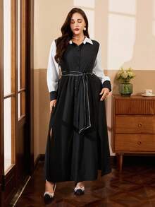 SHEIN Clasi Đầm sơ mi dài tay kiểu Pháp dáng dài màu sắc cổ điển sang trọng, cỡ lớn - màu đen - Xem 6