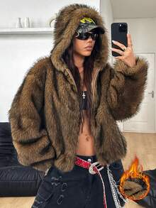 Coolane Women's & Men's Winter Streetwear Party Chic Hippie Casual Vintage Y2K Grunge Cave Fur Zip Up Warm/ Cold Weather/ Thermal Brown Oversized Hooded Fluffy Coat
