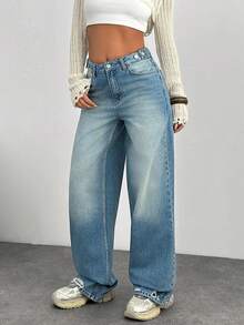EURMUSE 100 COTTON HIGH WAIST BUTTON DETAILED WIDE LEG Low Rise Jeans Y2k Casual Oversized Loose Baggy Everyday Holiday Light Blue Summer - Medium Wash - View 5