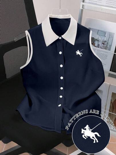 Resyla Blouse sans manches femme grande taille au design contrasté bleu et blanc, convenant pour l'aéroport, les sorties, les vêtements d'extérieur, l'été, la photographie, les festivals, avec un motif d'impression d'animal cheval, pour les voyages à la plage