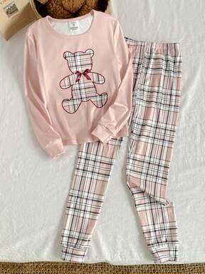 2pcs/Set Tween GirlsCasual Cute Bear Print Top & Classic Plaid Leggings Snug Fit Loungewear Set Girl Pajama Set Girls Pijama Bear Pajamas "Tight Fit Pajama","Tight Fit","Snug Fit