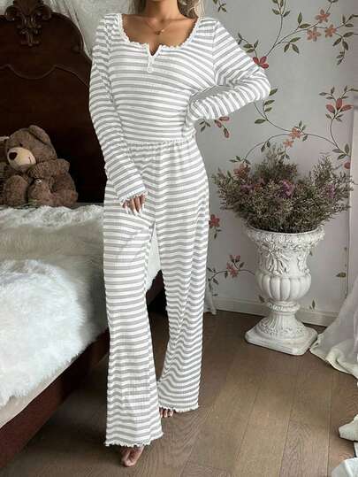 ZzzCrew Kanten Square Collar Button Gestreepte Print Long Sleeve Curve Pyjama Set Fall Clothes view 4