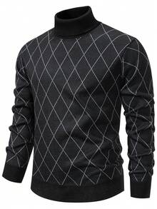 Manfinity Mode Áo len cổ cao nam mùa thu/đông, họa tiết hình thoi, lót giữ nhiệt, cổ cao in hình học, tay dài. - màu đen - Xem 4