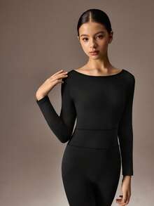 SHEIN Schlanksitz Ballettanzug für Teenager Mädchen, langärmlig, geeignet für Sport, Laufen, Radfahren, Fitness, modischer goldener Dekor schwarzer Jumpsuit mit hoher Dehnbarkeit und Komfort - Schwarz - Übersicht 5