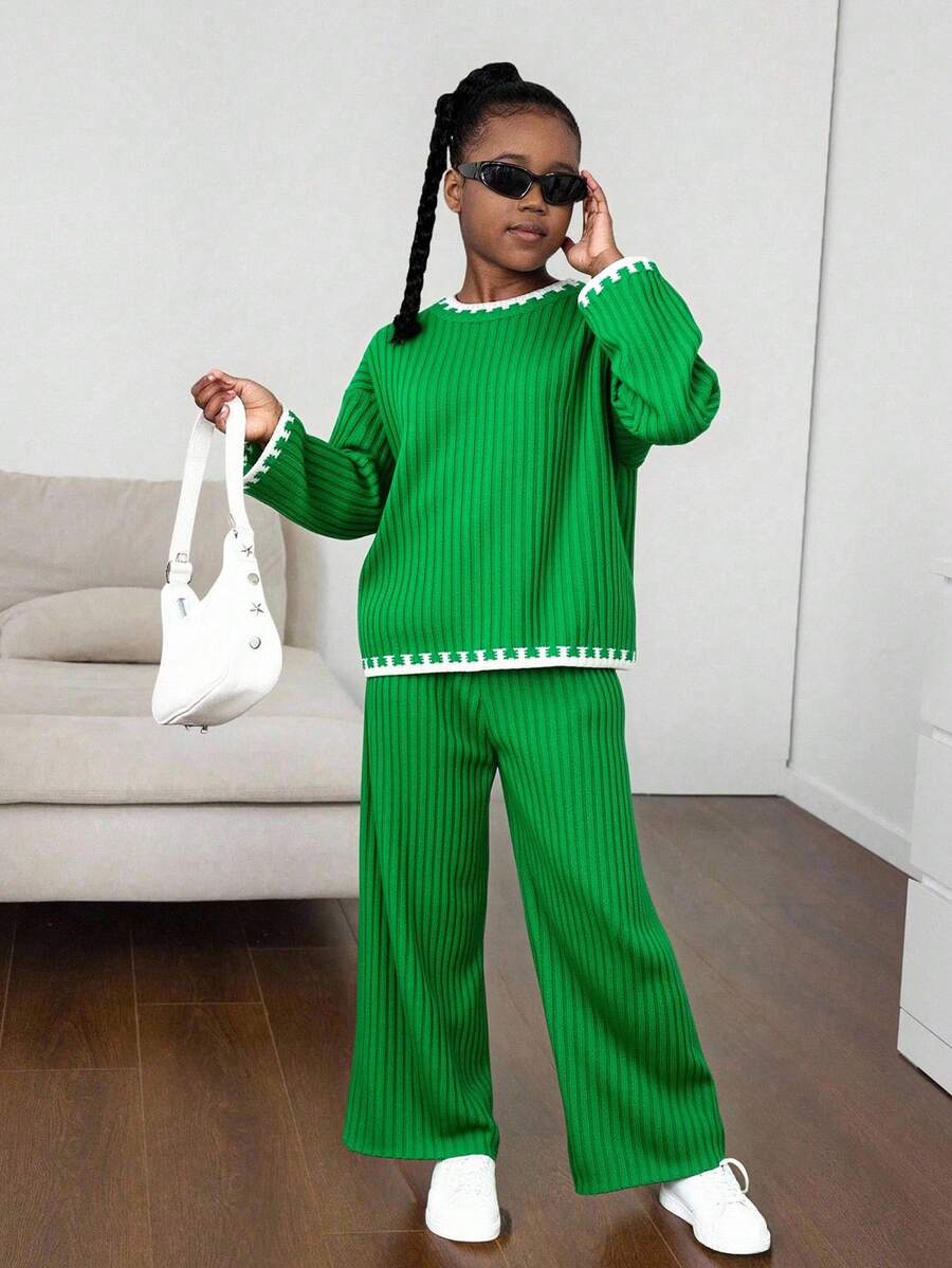 Tween Girls Green And White Contrast Trim Sweater & Pants Co-Ord Set - Green - View 1