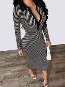 INAWLY 女式休闲条纹修身连衣裙，秋季 - 黑色 - 查看 3