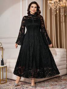 Modelyn 大码女式针织蕾丝镂空喇叭袖拉链后背优雅派对喇叭裙 - 黑色 - 查看 4