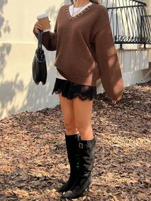 DAZY Suéter casual de mujer con adornos de strass, otoño - Café integral - Ver 6