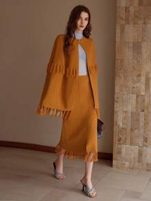 MOTF PREMIUM FRINGED SHAWL CAPE CARDIGAN - Mustard Yellow - View 5