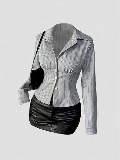 Sweetra 时尚撞色纹理纽扣修身腰部修身条纹领长袖女式衬衫