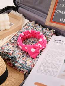 1PC Coral Velvet Bow Headband Cute Leopard Print For Skincare Makeup Soft Face Wash Headband For Home Spa Travel - Pink polka dot - View 5