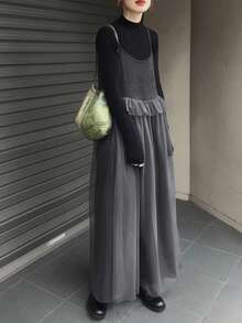 FRIFUL 女士无袖荷叶边网纱拼接休闲长裙 - 深灰色 - 查看 2