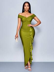 SOLERSUN 夏秋季女士服装派对酒红色露肩短袖前胸中心结侧褶前开衩荷叶边长裙 - 綠色 - 查看 3