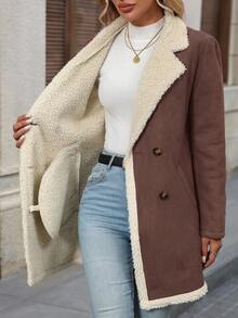 SHEIN Clasi Women's Fluffy Patchwork Front Button Simple Casual Regular Jacket In Fall/Winter - Mocha Brown - View 3