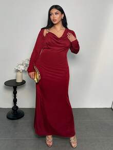 SHEIN Privé Plus Size Solid Color Draped Metal Ring Decor Elegant Long Sleeve Dress Red, New Year Dress For Women - Burgundy - View 6