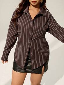 Auralis 大码女式优雅通勤/办公室复古学院风开衫腰棕色长袖条纹衬衫 - 彩色 - 查看 6