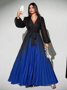 Rafferiza 女式渐变色腰带V领网眼拼布长袖连衣裙 - 彩色 - 查看 2