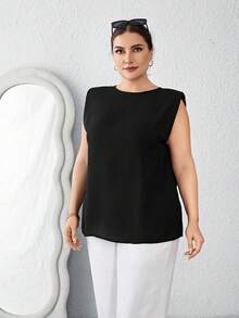 SHEIN Essnce Plus Size Shoulder Padded Split Hem Shirt - Black - View 5