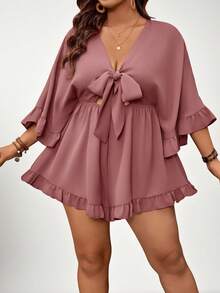 SHEIN VCAY Bộ đồ liền thân tay cánh dơi màu trơn cỡ lớn, viền bèo nhún, thắt eo - Bụi tím - Xem 3