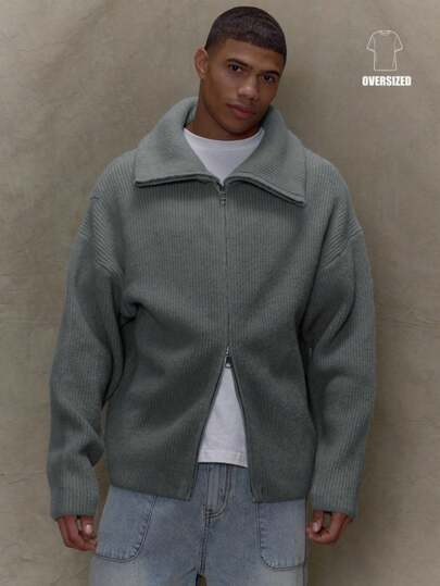 Musero 男士加厚宽松长袖拉链罗纹针织翻领开衫 春夏款