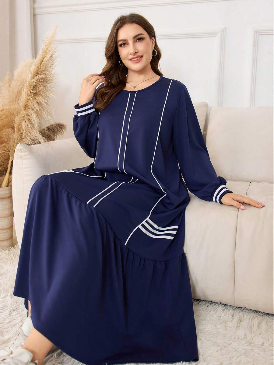 SHEIN Lacomfia 大码女式圆领罗纹袖口和下摆抽绳腰身宽松直筒针织简约长袖连衣裙 - 藏蓝色 - 查看 1