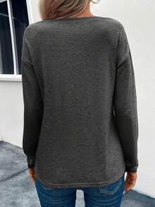SHEIN LUNE Women's Basic V-Neck Long Sleeve T-Shirt, Casual Everyday Wear - Dark Grey - View 2