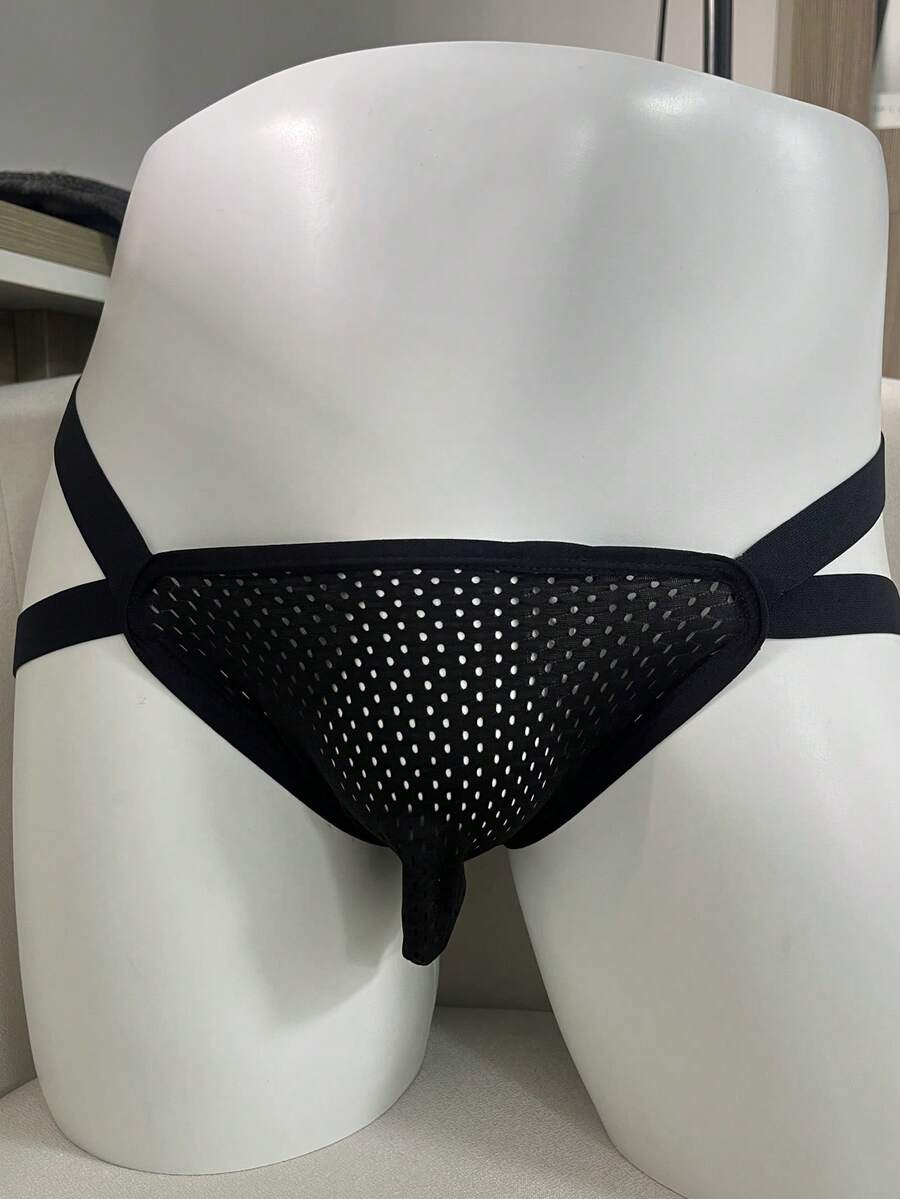 WENEZON 1pc Men's Black Sexy Mesh Pouch Low Waist Briefs - Black - View 1